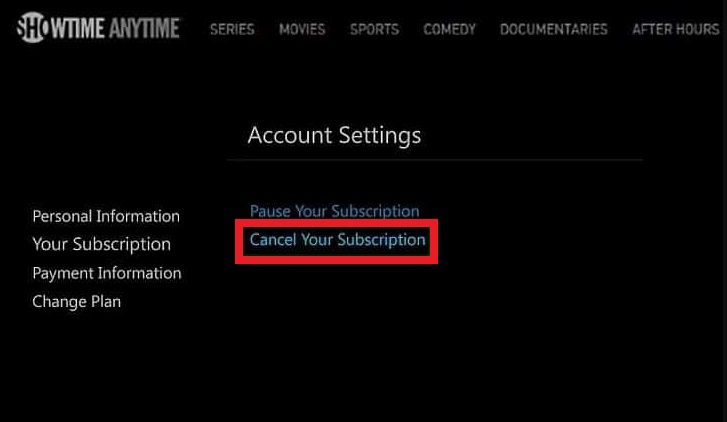 Select Cancel Subscription to Cancel Showtime on Roku