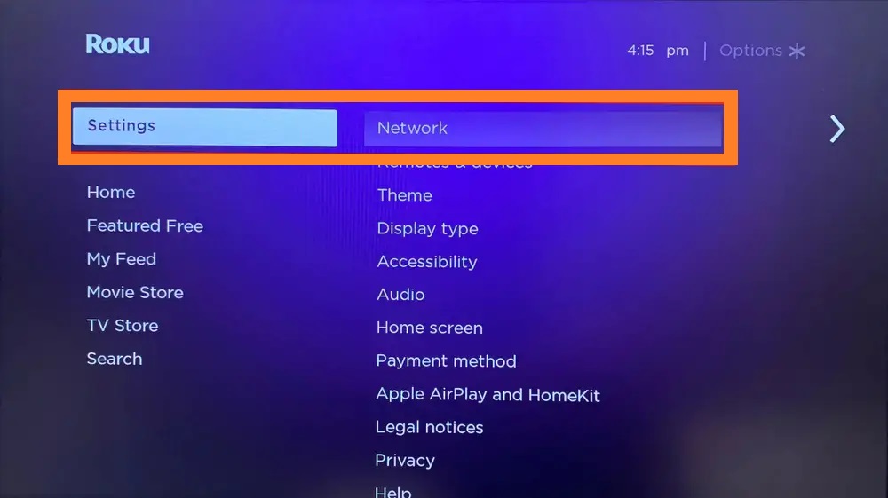  click the Network option- Connect AirPods to Roku TV