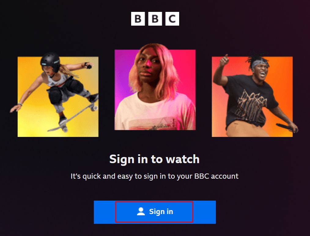 Sign in button on BBC iPlayer channel.