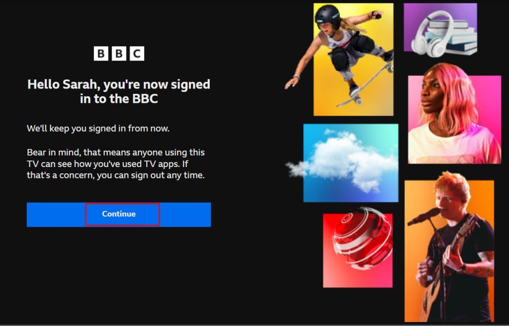 Continue button to open the BBC iPlayer for watching BAFTA awards on Roku.