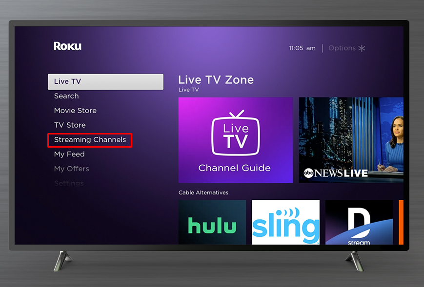 Streaming Channels option on Roku's home screen.