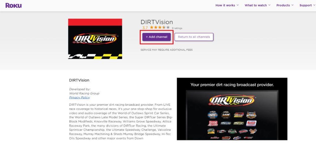 Click Add Channel to get DIRTVision on Roku