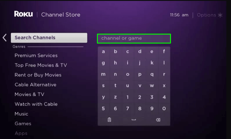 Search bar on Roku's search channel tab.