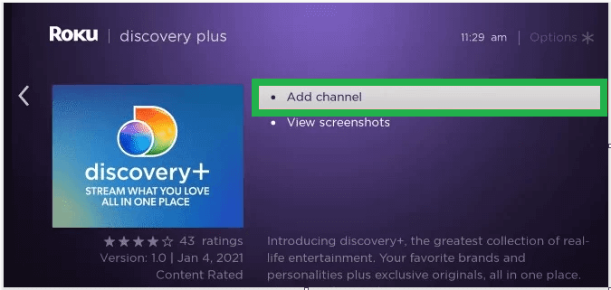 Add channel button of Discovery Plus on Roku.