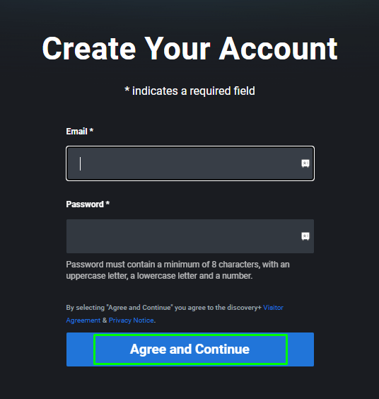 Create account page of Discovery Plus.