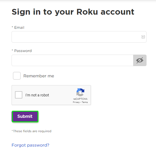 Sign in page of Roku account.