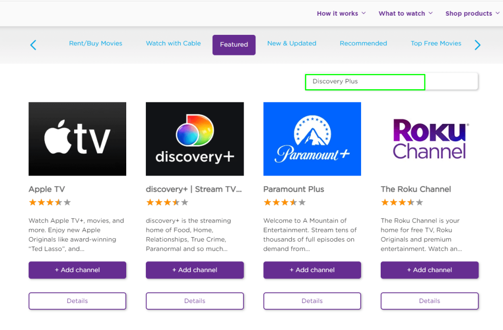 Search bar on Roku's channel store.