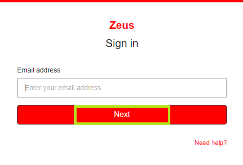 Sign in page of Zeus Network.