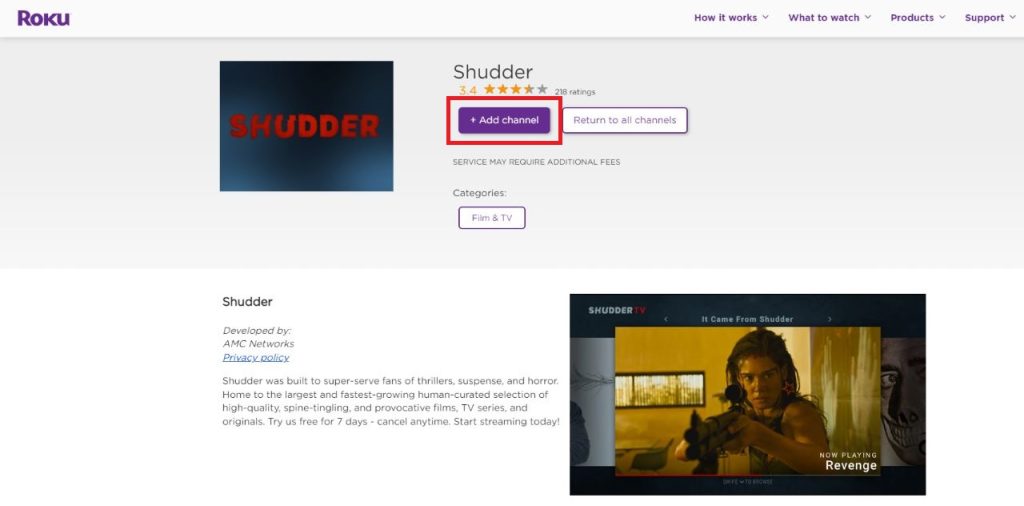 Click the Add Channel button to get Shudder on Roku