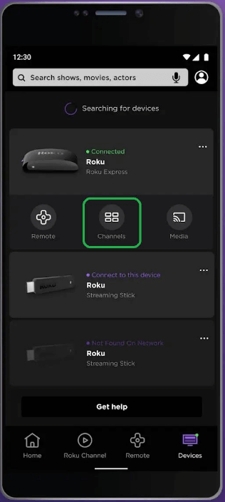 Channels tab under the Roku device.