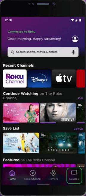 Devices tab on the homepage of Roku's mobile app.