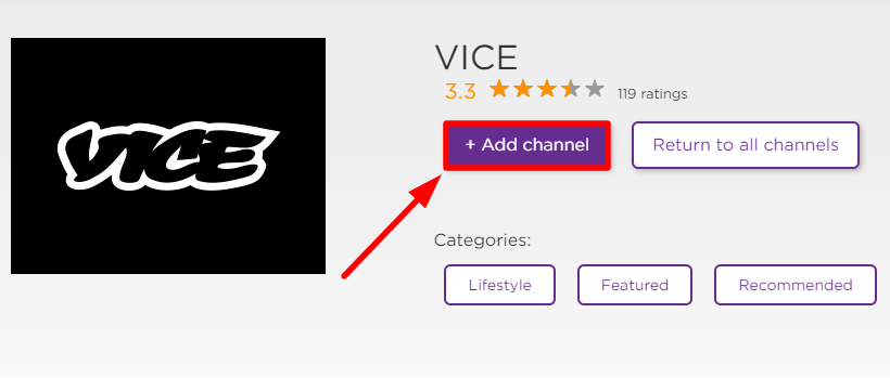 Select Add channel button to Stream Vice on Roku device