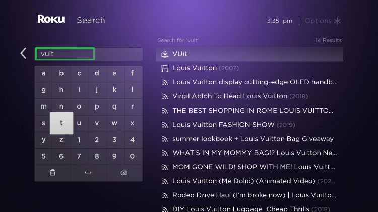 VUit search results on Roku.