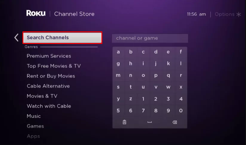 Click Search Channels to stream Peloton on Roku