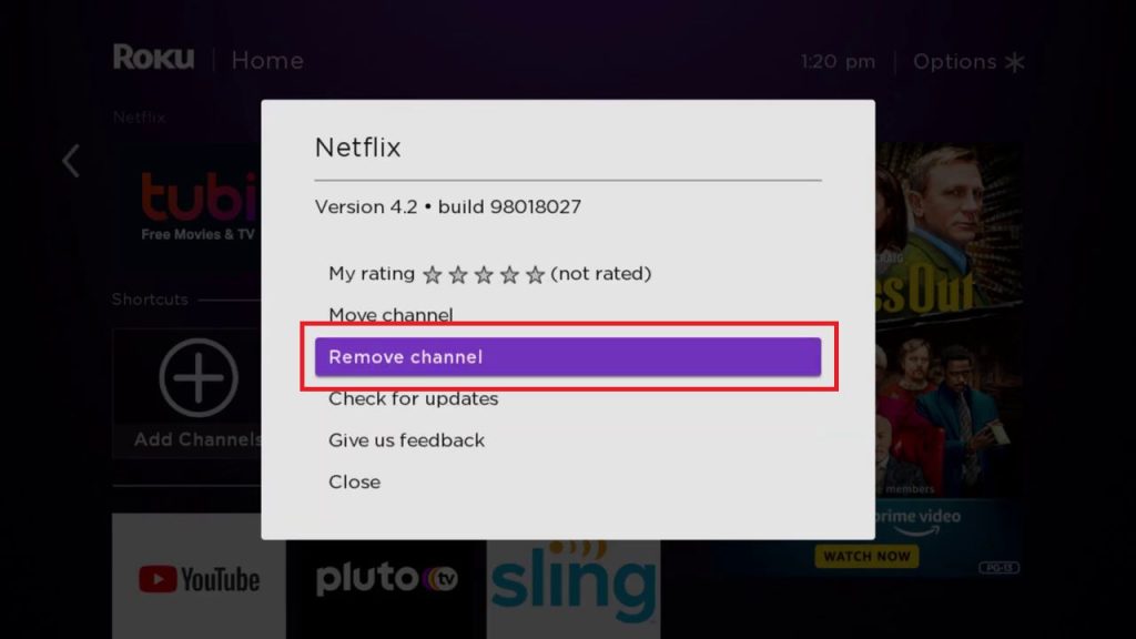 Tap Remove Channel to clear Netflix cache on Roku