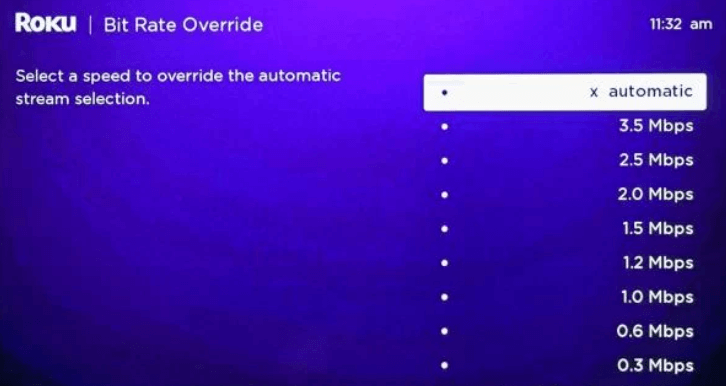 Bitrate Override menu