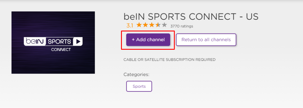 Click +Add Channel to install beIN Sports Connect on Roku