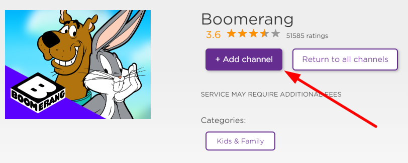 Tap on the + Add channel to add Boomerang on Roku