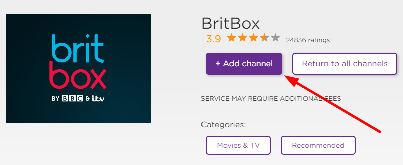 Click + Add channel to watch BritBox on Roku