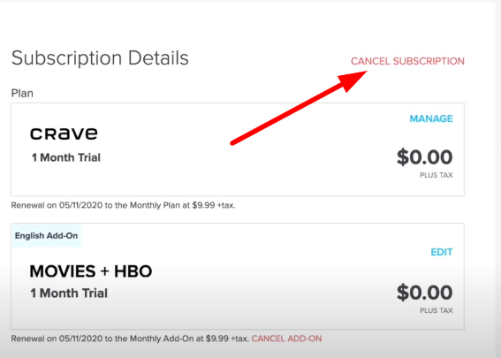 Click on the Cancel Subscription option to terminate Crave on Roku 