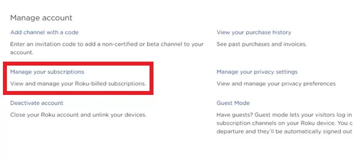 Select Manage your Subscription option on Roku website
