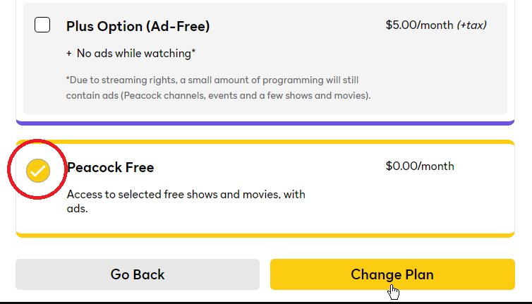 Tap on Cancel or Free Plan option to terminate Peacock on Roku