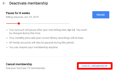Select Cancel membership to terminate YouTube TV subscription on Roku