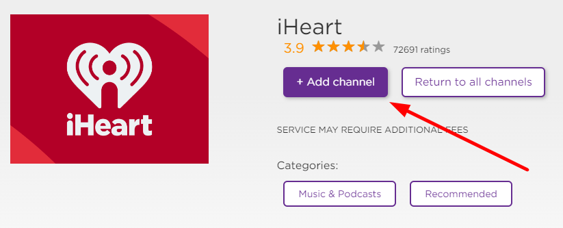 Tap on the +Add channel button to install iHeartRadio on Roku