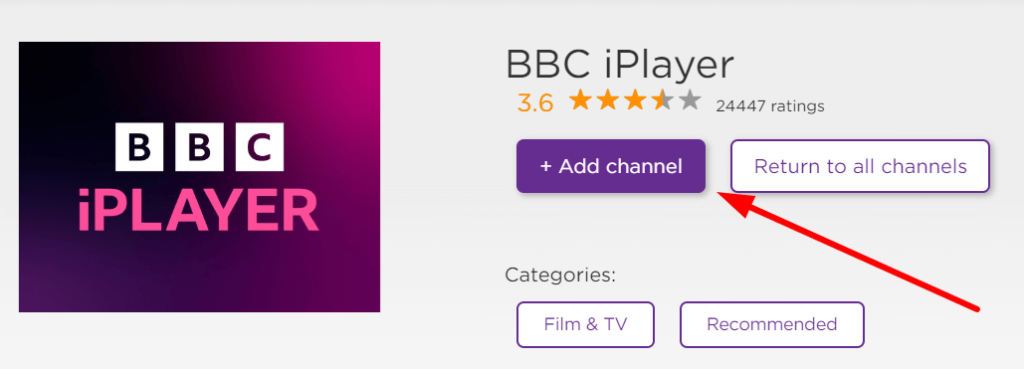 Tap + Add Channel to stream BBC iPlayer on Roku