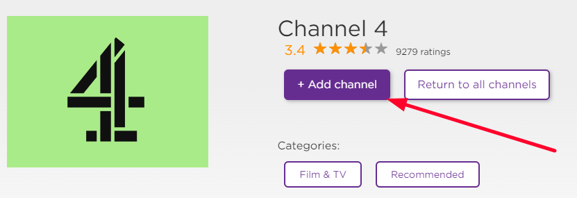 Click + Add channel to install Channel 4 on Roku