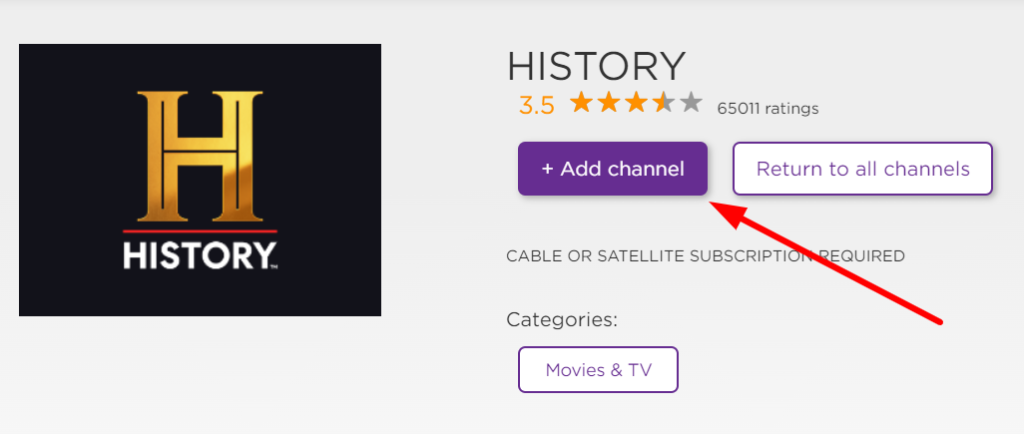 Click + Add channel to install History Channel on Roku