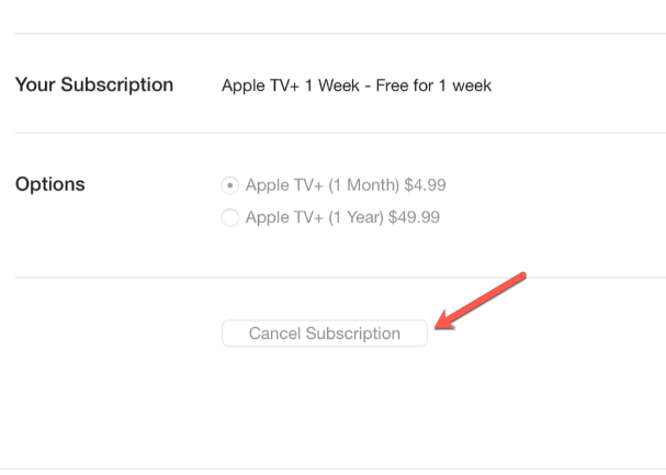 Tap Cancel Subscription to terminate Apple TV on Roku