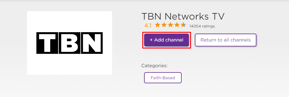 Click on +Add Channel to download TBN on Roku