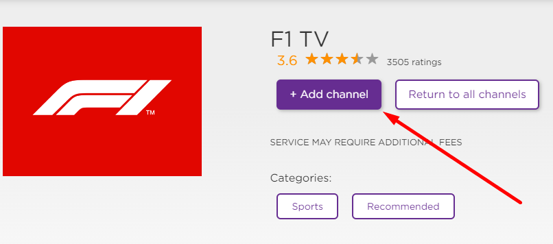 Click + Add channel and install F1 TV on Roku