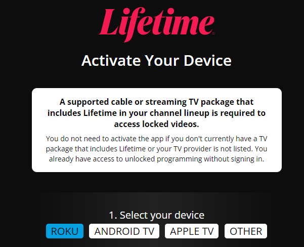 Activation page of Lifetime