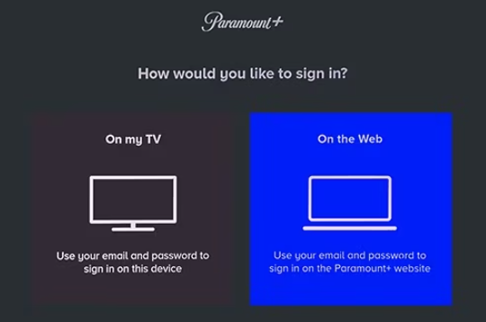 Sign in options for Paramount Plus app
