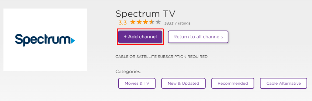 Click the Add Channel button to get Spectrum TV for Roku
