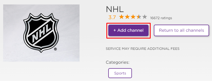 Click + Add channel and install NHL on Roku