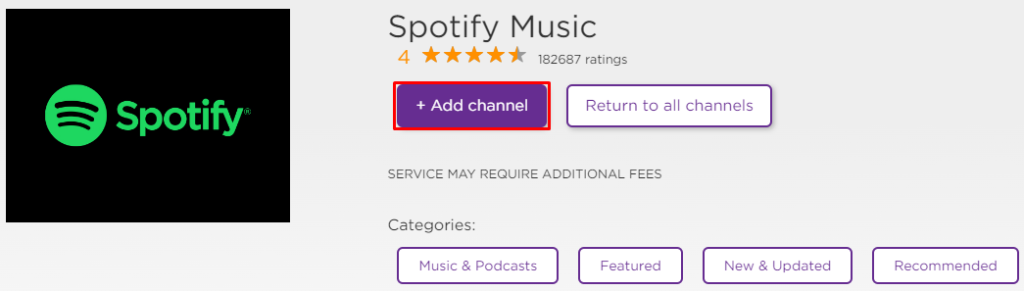 Select Add Channel - Spotify on Roku